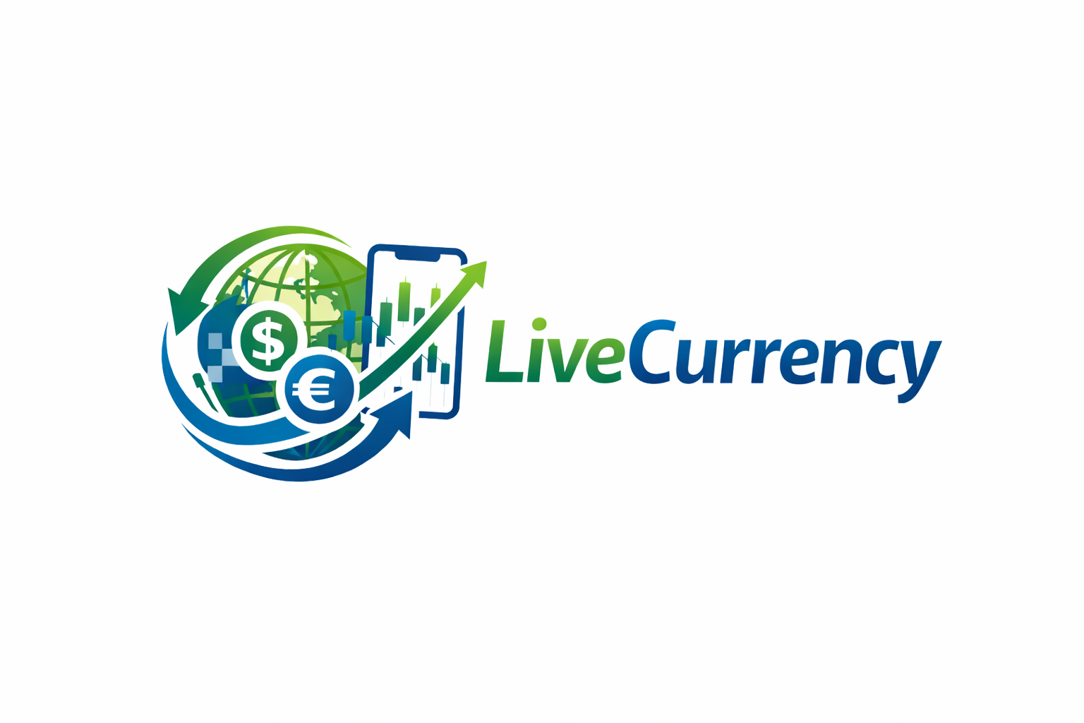 LiveCurrency logo - globe, currency symbols and mobile trading